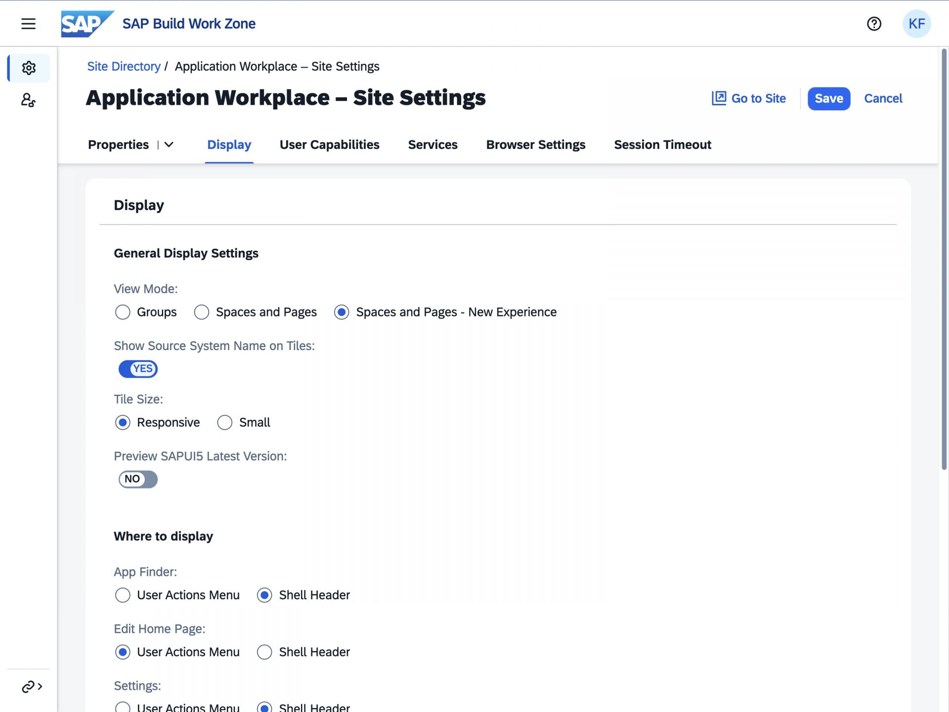 SAP Build Work Zone Standard - Seiteneinstellung im Content Manager