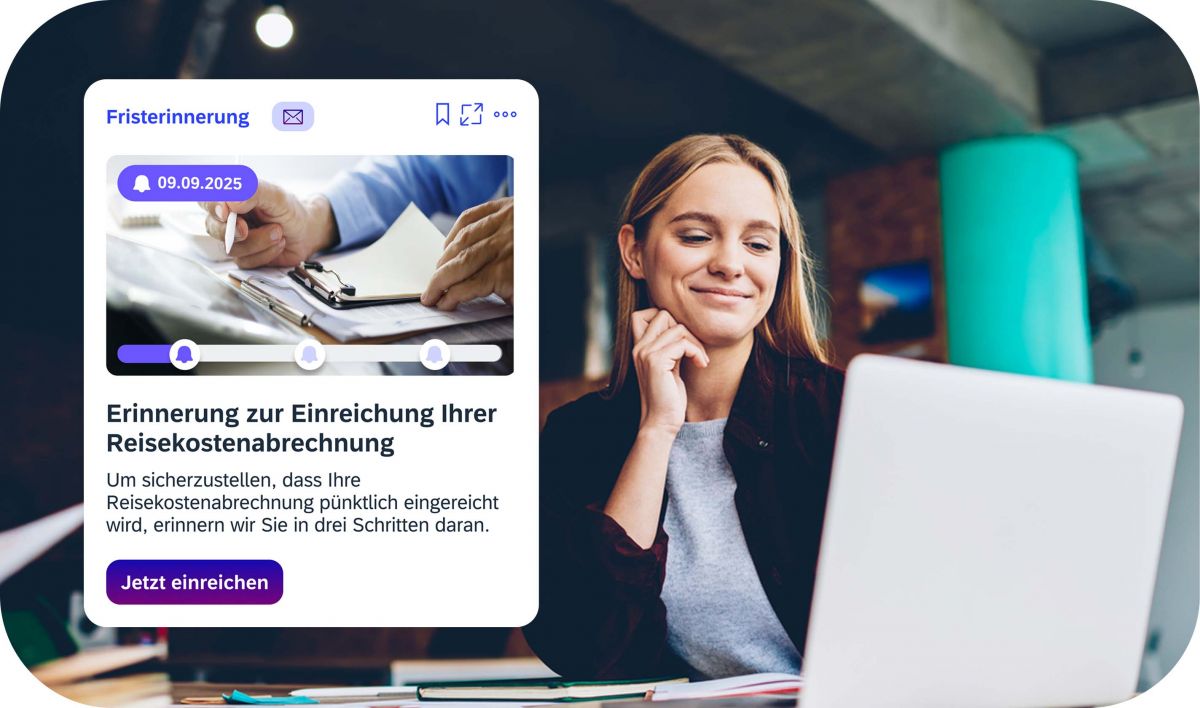 Frau am Laptop mit Erinnerung zur pünktlichen Einreichung der Reisekostenabrechnung in iNFOHUB