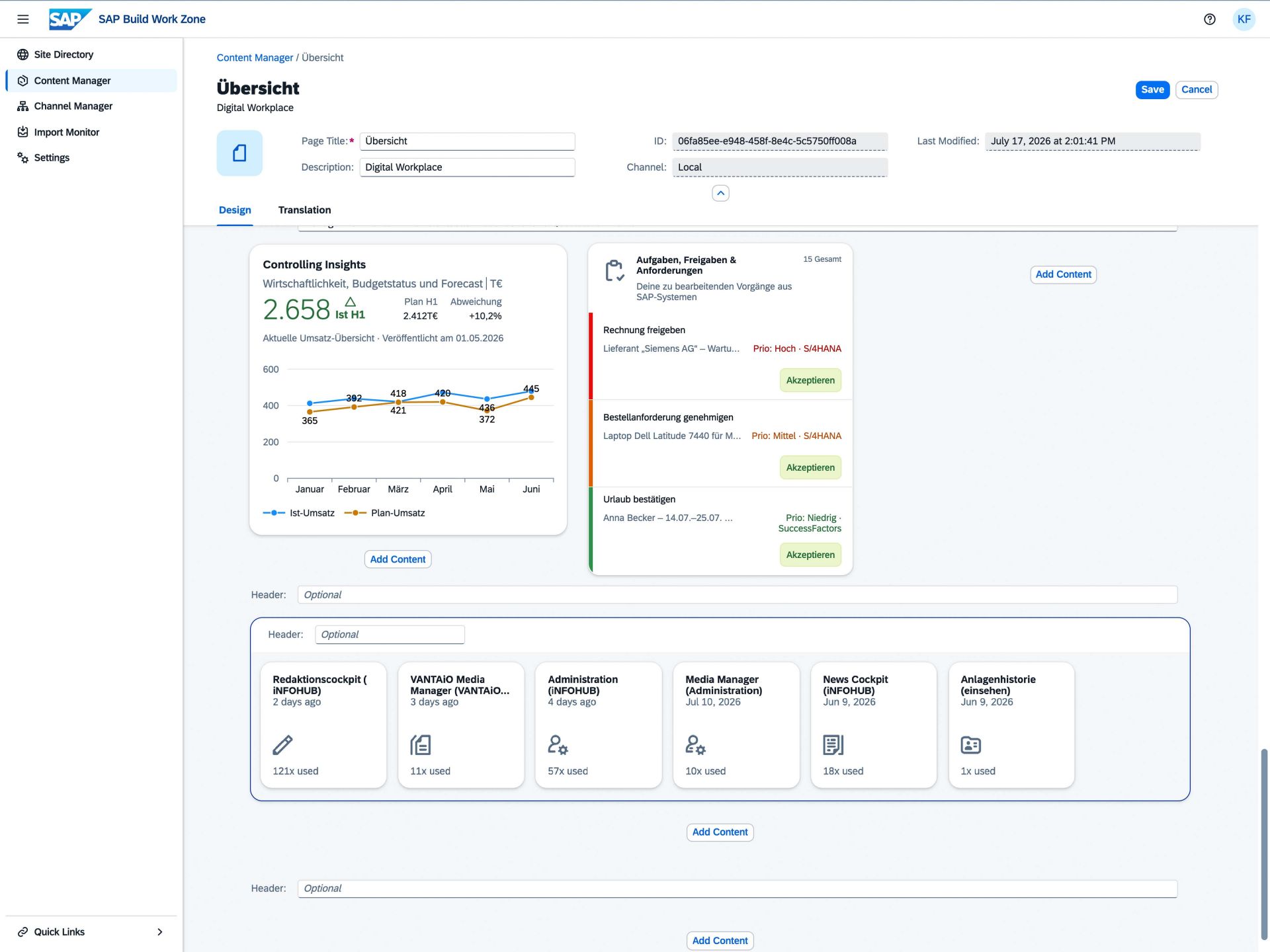 SAP Build Work Zone Standard - Seiteneinstellung im Content Manager