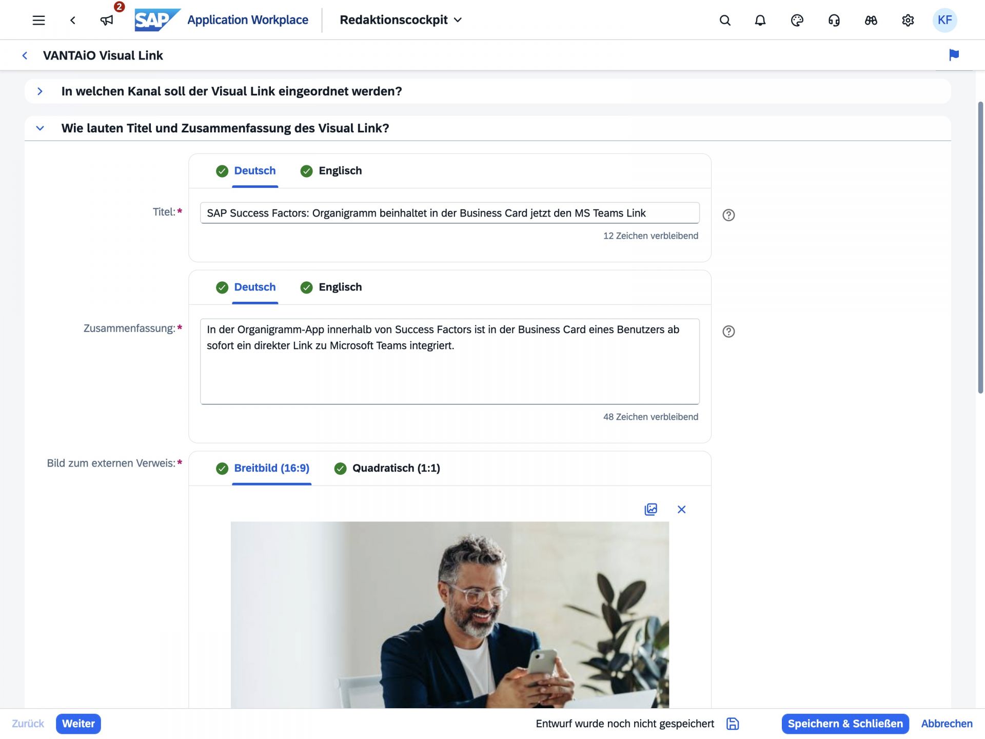 SAP Build Work Zone Standard - iNFOHUB Nachrichtenerstellung