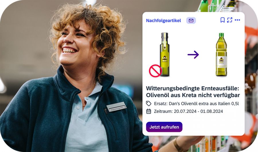 Mitarbeiterin im Einzelhandel erhält Info zu Produktwechsel von Olivenöl aufgrund von Ernteausfällen über iNFOHUB
