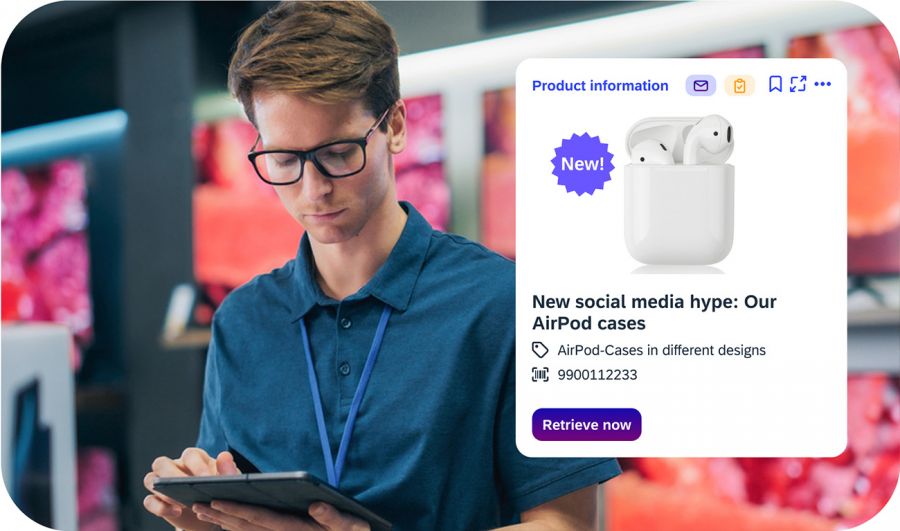 Electronics seller in the market receives product news about new AirPod cases as a social media trend via iNFOHUB