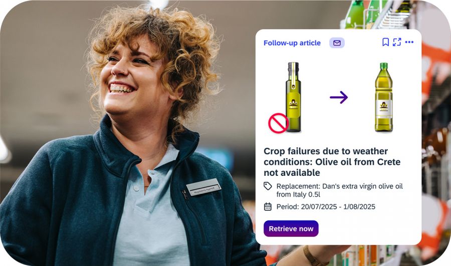 Retail employee receives information about product change of olive oil due to crop failures via iNFOHUB