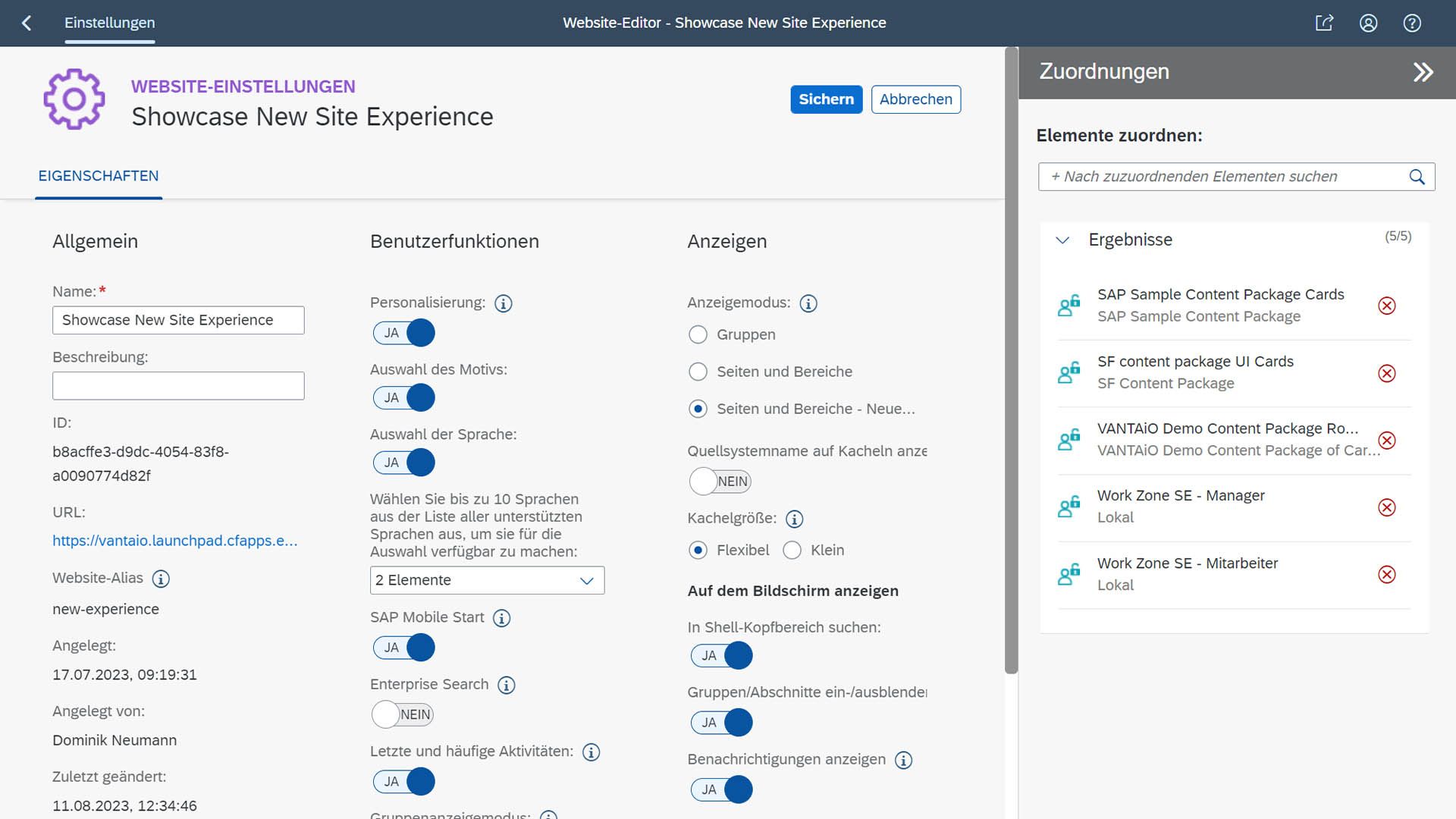 SAP Build Work Zone Standard Edition Einstellungen