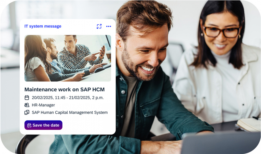 Team in the office with display of planned SAP HCM maintenance work in iNFOHUB
