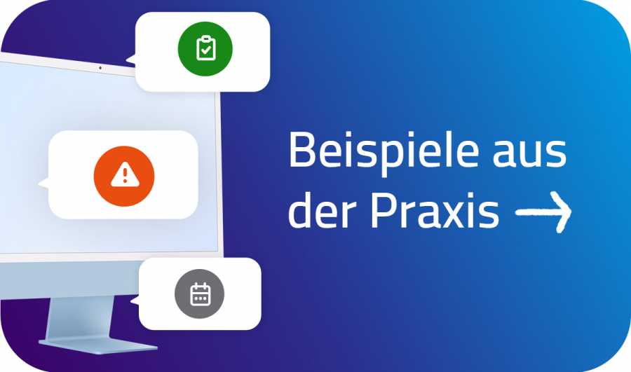 Titelblatt „Infotyp-Beispiele" mit PC-Bildschirm, aus dem heraus Aufgaben, Warnungen und Events kommuniziert werden