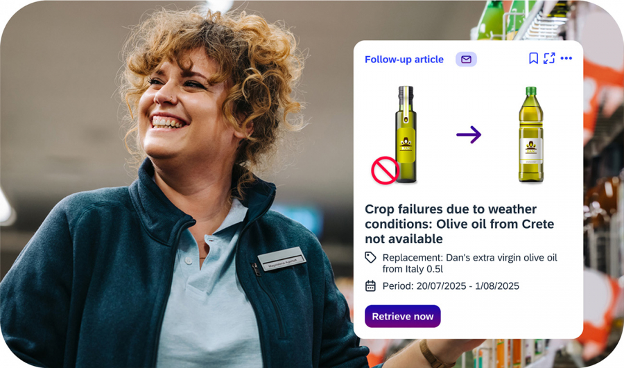 Retail employee receives information about product change of olive oil due to crop failures via iNFOHUB