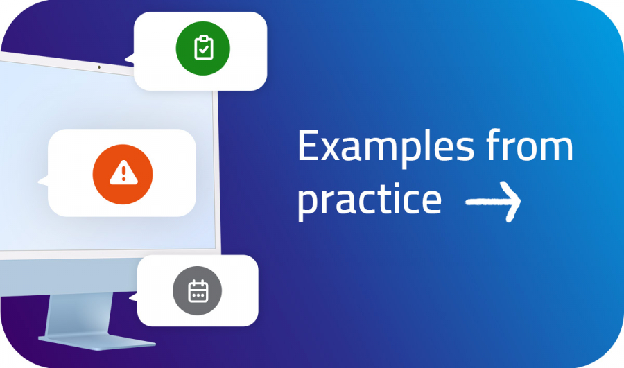 Cover page "Infotype Examples" with PC screen from which tasks, warnings and events are communicated