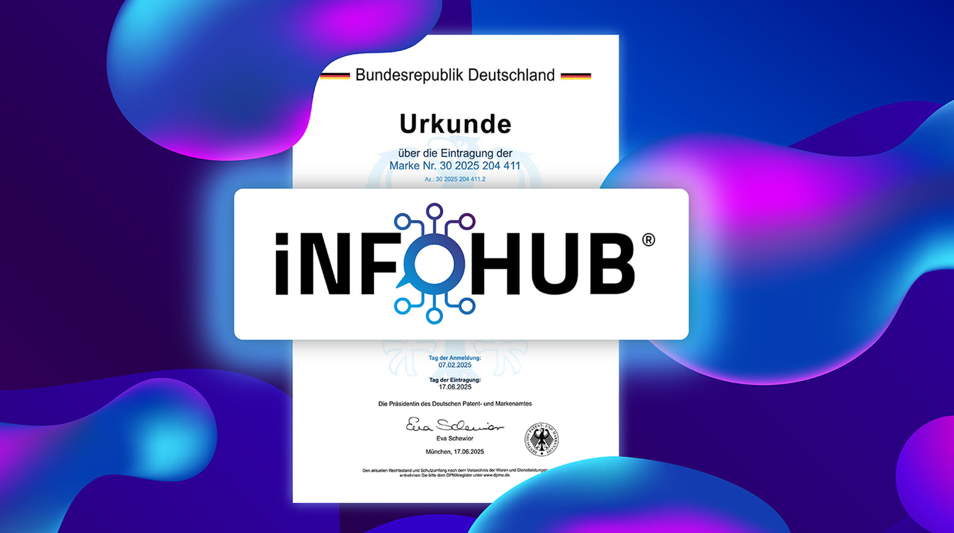 Urkunde der Bundesrepublik Deutschland zur Eintragung des iNFOHUB als Wort-Bildmarke