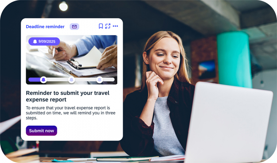 Woman at laptop with reminder to submit travel expense report on time in iNFOHUB