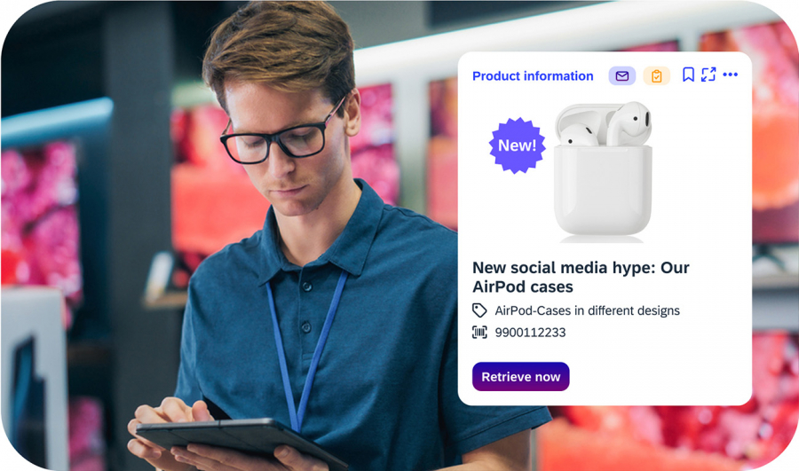 Electronics seller in the market receives product news about new AirPod cases as a social media trend via iNFOHUB